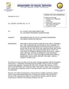 REASON FOR THIS TRANSMITTAL December 24, 2012 ALL COUNTY LETTER NO[removed]X] State Law Change