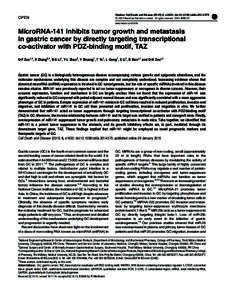 MicroRNA-141 inhibits tumor growth and metastasis in gastric cancer by directly targeting transcriptional co-activator with PDZ-binding motif, TAZ