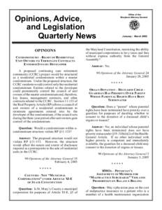 Office of the Maryland Attorney General Opinions, Advice, and Legislation Quarterly News
