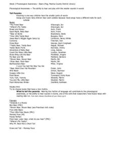 Week 2 Phonological Awareness – Bears (Peg, Medina County District Library) Phonological Awareness = The ability to hear and play with the smaller sounds in words Tell Parents: Rhyming is one way children hear the smal