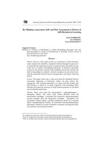 Eurasian Journal of Educational Research, Issue 60, 2015, Re-Thinking Assessment: Self- and Peer-Assessment as Drivers of Self-Direction in Learning Kathy HARRISON, Joe O’HARA,