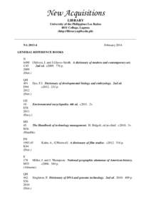 New Acquisitions LIBRARY University of the Philippines Los Baños 4031 College, Laguna (http://library.uplb.edu.ph) ________________________________________________________________________________