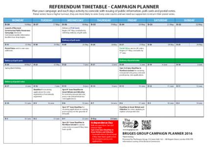 REFERENDUM TIMETABLE - CAMPAIGN PLANNER  Plan your campaign and each days activity to coincide with issuing of public information, poll cards and postal votes. Postal voters have a higher turnout, they are more likely to