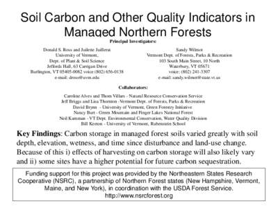 Soil Carbon and Other Quality Indicators in Managed Northern Forests Principal Investigators: Donald S. Ross and Juilette Juillerat University of Vermont, Dept. of Plant & Soil Science