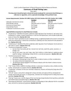 South Carolina Department of Natural Resources Marine Resources Division  Summary of Shad Fishing Laws[removed]This document should be kept on board all vessels employed for commercial shad fishing as a reference to re