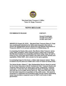 Maryland State Treasurer’s Office Nancy K. Kopp, Treasurer NEWS RELEASE FOR IMMEDIATE RELEASE