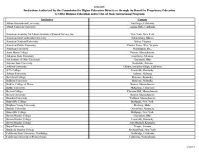 ICHE/BPE  Institutions Authorized by the Commission for Higher Education Directly or through the Board for Proprietary Education To Offer Distance Education and/or Out-of-State Instructional Programs Institution Alliant 