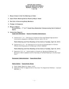 MAYOR AND COUNCIL REGULAR MEETING AGENDA MONDAY, MARCH 24, 2014 7:30 P.M.  1. Mayor Alessi to Call the Meeting to Order