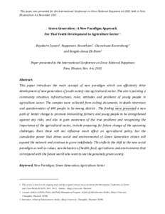 This	paper	was	presented	for	the	International	Conference	on	Gross	National	Happiness	on	GNH,	held	in	Paro,	 Bhutan	from	4-6	November	2015 Green	Generation	:	A	New	Paradigm	Approach