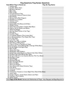 Flag Questions Flag Names Questions Num Which Flag is Known as: Flag No Flag Name: 1 Andreevsky 2 Ayyildiz (Moon Star) 3 Bandera Nacional