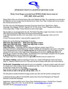INTRODUCTION TO QUINTON MOTOR CLUB Nicky Grist Stages awarded best BTRDA Rally Series event of 1995, 2005, 2010 and 2012