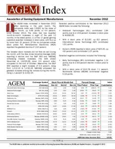 Index Association of Gaming Equipment Manufacturers he AGEM Index increased in November 2012 after declining in the prior month. The composite index was[removed]by the close of the month, up 5.59 points, or 4.4 percent,
