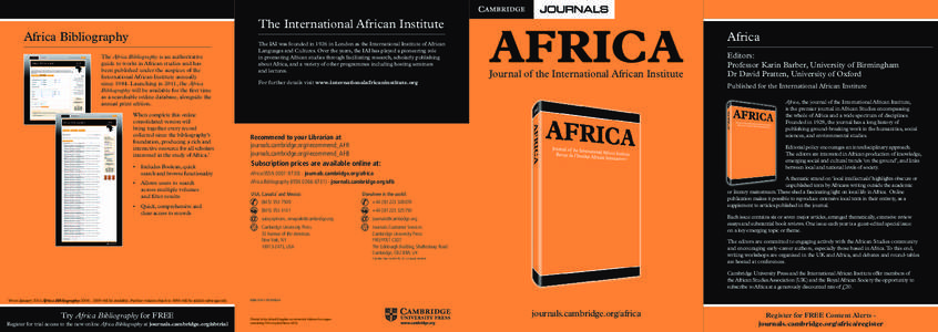 Africa Bibliography / Africa / International African Institute / Journal of Modern African Studies / Publishing / Academic publishing / Academia