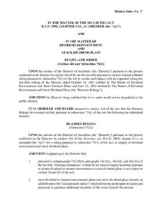 Blanket Order No. 27 IN THE MATTER OF THE SECURITIES ACT R.S.N. 1990, CHAPTER S-13, AS AMENDED (the 