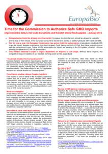 Time for the Commission to Authorize Safe GMO Imports Unprecedented delays risk trade disruptions and threaten animal feed supplies - January 2015  Safe products should be allowed onto the market. European livestock f