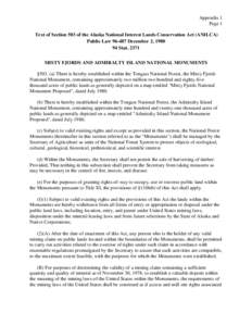 Appendix 1 Page 1 Text of Section 503 of the Alaska National Interest Lands Conservation Act (ANILCA) Public Law[removed]December 2, [removed]Stat[removed]MISTY FJORDS AND ADMIRALTY ISLAND NATIONAL MONUMENTS