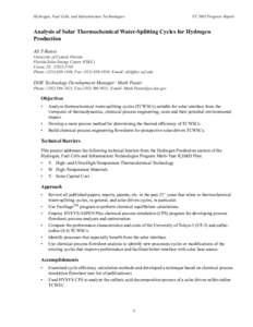 Hydrogen, Fuel Cells, and Infrastructure Technologies  FY 2003 Progress Report Analysis of Solar Thermochemical Water-Splitting Cycles for Hydrogen Production