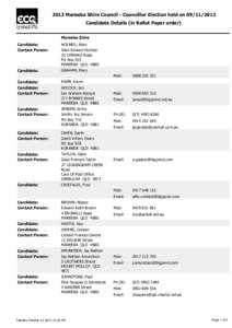 2013 Mareeba Shire Council - Councillor Election held on[removed]Candidate Details (in Ballot Paper order) Mareeba Shire Candidate: Contact Person: