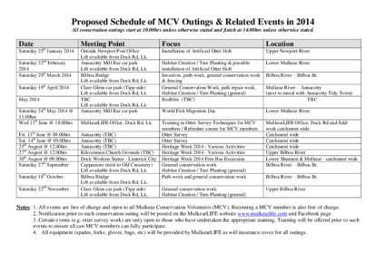 Proposed Schedule of MCV Outings & Related Events in 2014 All conservation outings start at 10.00hrs unless otherwise stated and finish at 14.00hrs unless otherwise stated. Date  Meeting Point