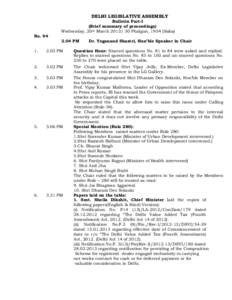 DELHI LEGISLATIVE ASSEMBLY Bulletin Part-I (Brief summary of proceedings) Wednesday, 20th MarchPhalgun, 1934 (Saka) NoPM