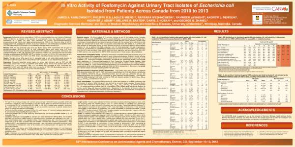 In Vitro Activity of Fosfomycin Against Urinary Tract Isolates of Escherichia coli Isolated from Patients Across Canada from 2010 to 2013 E[removed]JAMES A.