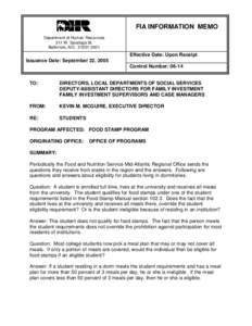 FIA INFORMATION MEMO Department of Human Resources 311 W. Saratoga St. Baltimore, MD[removed]Issuance Date: September 22, 2005