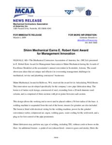 NEWS RELEASE Mechanical Contractors Association of America, Inc[removed]Piccard Drive, Rockville, MD[removed]FOR IMMEDIATE RELEASE