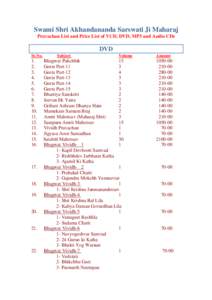 Swami Shri Akhandananda Sarswati Ji Maharaj Pravachan List and Price List of VCD, DVD, MP3 and Audio CDs DVD Sr.No.