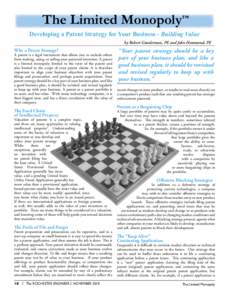 The Limited Monopoly™ Developing a Patent Strategy for Your Business - Building Value by Robert Gunderman, PE and John Hammond, PE Why a Patent Strategy?