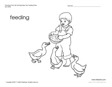 Preschool Farm Life Coloring Page: Boy Feeding Ducks