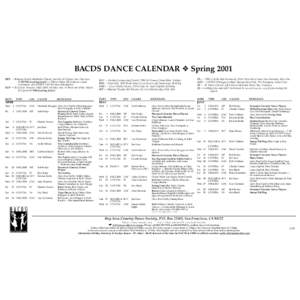 BACDS DANCE CALENDAR ❖ Spring 2001 BET — Bethany United Methodist Church, Sanchez & Clipper, San Francisco (7:30 PM starting time!) — Dinner before the dance at a local restaurant, call[removed]for more inform