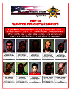 TOP 10 WANTED FELONY WARRANTS If you know the whereabouts of any of these individuals, please callThe Milwaukee County Sheriff’s Office thanks you for your cooperation. Help us make our streets and nei