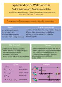 Specification of Web Services Sudhir Agarwal and Anupriya Ankolekar Institute of Applied Informatics and Formal Description Methods (AIFB), University of Karlsruhe (TH), Germany  Transparency of business processes is cri