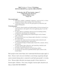 2004 Training-of-Trainers Workshop: HUMAN RIGHTS as a tool for ORGANIZING Wednesday July 28th thru Sunday August 1st Cultural Diversity Resources Human Rights Center Fargo, ND