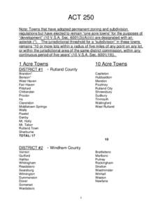 ACT 250 Note: Towns that have adopted permanent zoning and subdivision regulations but have elected to remain “one acre towns” for the purposes of “development” (10 V.S.A. Sec[removed]A)(iii)) are designated wit