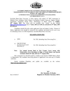 SAVITRIBAI PHULE PUNE UNIVERSITY (formerly University of Pune) MAHARASHTRA STATE ELIGIBILITY TEST FOR ASSISTANT PROFESSOR (MH-SET) SUNDAY, 30th August, 2015 AUTHORISED NODAL AGENCY OF GOVERNMENT OF MAHARASHTRA  (ACCREDIT