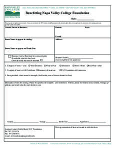 2277 NAPA-VALLEJO HIGHWAY • NAPA, CA 94558 • 707•253•3374 • FAX 707•259•8073  Benefitting Napa Valley College Foundation Date: _______________ Please print all information clearly. Items received for the NV