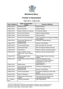 Ministerial Diary1 Premier of Queensland 1 March 2014 – 31 March[removed]March 2014