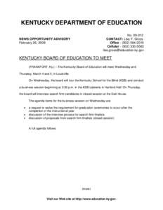 KENTUCKY DEPARTMENT OF EDUCATION No[removed]CONTACT: Lisa Y. Gross Office[removed] Cellular[removed] [removed]