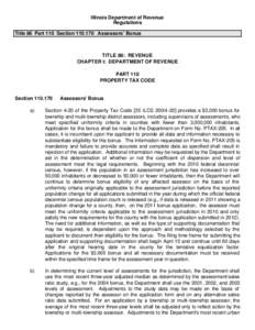 Illinois Department of Revenue Regulations Title 86 Part 110 Section[removed]Assessors’ Bonus TITLE 86: REVENUE CHAPTER I: DEPARTMENT OF REVENUE