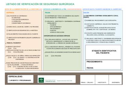 LISTADO DE VERIFICACIÓN DE SEGURIDAD QUIRÚRGICA ANTES DE LA ADMINISTRACIÓN DE LA ANESTESIA >>>> ANTES DE LA INCISIÓN DE LA PIEL >>>>>>>>>>>>>>>>>> ANTES DE QUE EL PACIENTE ABANDONE EL QUIRÓFANO ENTRADA  PAUSA