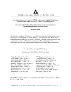 American Academy of Actuaries’ C3 Life and Annuity Capital Work Group Comments Regarding Proposed C3 Phase 3 Scope Limitation Presented to the National Association of Insurance Commissioners’ Life Risk Based Capital 