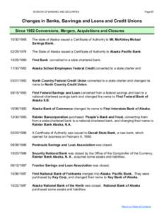 DIVISION OF BANKING AND SECURITIES  Page 80 Changes in Banks, Savings and Loans and Credit Unions Since 1982 Conversions, Mergers, Acquisitions and Closures