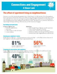 Connections and Engagement A Closer Look The effect of apartment living on neighbourliness Vancouver is one of the most densely populated cities in North America. In 1990, less than 25% of the population lived in apartme