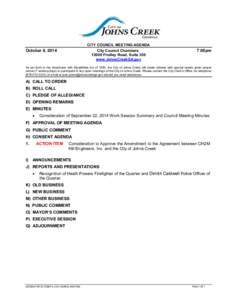 CITY COUNCIL MEETING AGENDA  October 6, 2014 City Council Chambers[removed]Findley Road, Suite 300