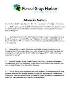   	
   Calculate	
  the	
  Port	
  Facts	
   Directions:	
  Answer	
  the	
  following	
  math	
  questions.	
  	
  Please	
  show	
  your	
  work	
  and	
  use	
  the	
  back	
  if	
  you	
  need	