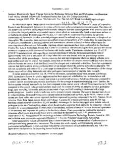 September 1, 2000 Subject: Electrostatic Space Charge System for Reducing Airborne Dust and Pathogens - an Overview From: Bailey Mitchell, USDA-ARS Southeast Poultry Res. Lab, 934 College Station Rd., Athens, Georgia 306