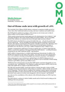 For immediate release Wednesday, 16 January 2013 Out-of-Home ends 2012 with growth of 1.8% The Australian Out-of-Home (OOH) industry continues to experience healthy growth at a time when other traditional media are seein