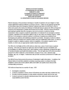 BRIEFING ON PATIENT DUMPING U.S.COMMISSION ON CIVIL RIGHTS FEBRUARY 14, 2014 STATEMENT OF EILEEN M. HANRAHAN SUPERVISORY CIVIL RIGHTS ANALYST OFFICE FOR CIVIL RIGHTS