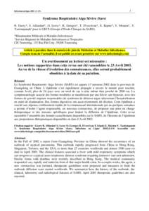 1  Infections en ligne 2003 ;3 :1-9. Syndrome Respiratoire Aigu Sévère (Sars) B. Guery*, S. Alfandari*, O. Leroy*, H. Georges*, T. D’escrivan*, E. Kipnis*, Y. Mouton°, Y.